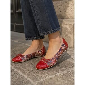 SABRINAS Spain‎ Floral Lace Leather Patent Cap Toe Bow Ballet Flat Red 36